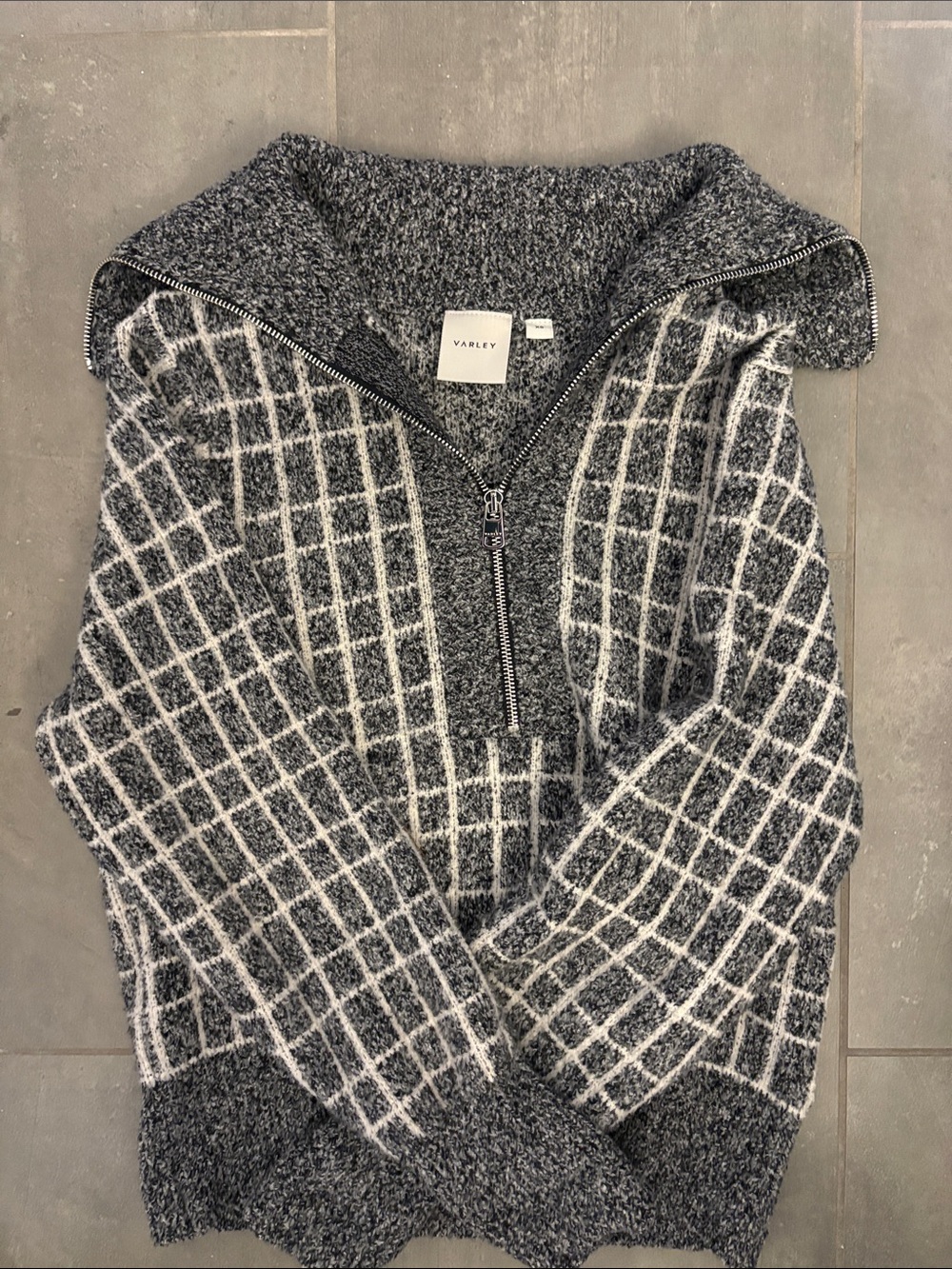 Varley Gray Grid Half-Zip Cowl Sweater